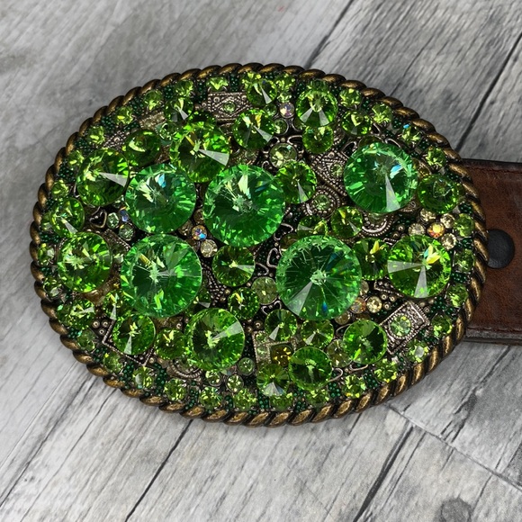 Green Rinestone Y2K Vintage Swarovski Crystal Western Leather Belt Size 36 - Picture 3 of 13